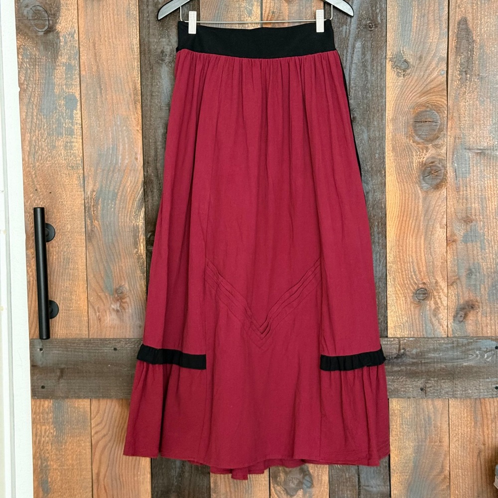 Unbranded Burgundy Black Boho Maxi Skirt Cotton Linen Feel Side Zip Large
